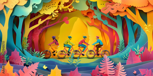 A colorful paper cut out of a colorful park with a wheel in the background. A colorful illustration of a man and a woman in a forest.  