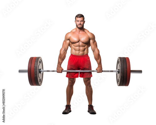 A muscular man is squatting with a heavy barbell lifted, isolated on a transparent background. Generative AI