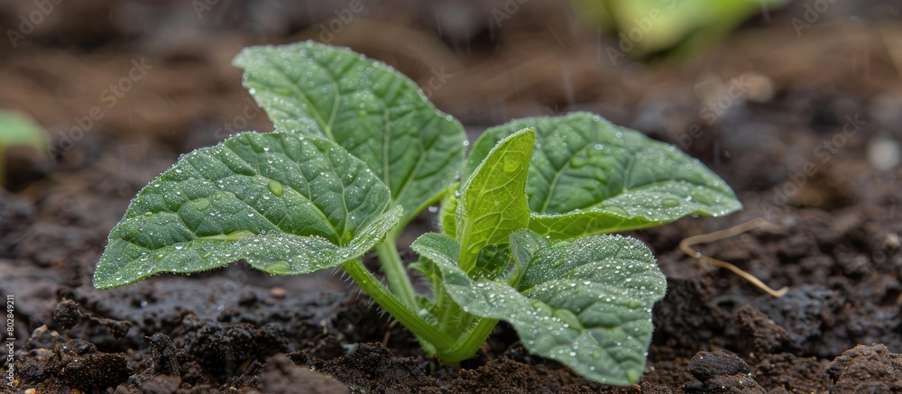 The initial sprouting leaves of a young cucumber plant are seen up close as they emerge from the soil in a garden bed, glistening with morning dew, set against the backdrop of the earth. The initial sprouting leaves of a young cucumber plant are seen up close as they emerge from the soil in a garden bed, glistening with morning dew, set against the backdrop of the earth.