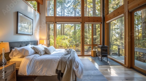 The serene master bedroom featuring a woodburning stove nestled between two large windows overlooking the surrounding forest. 2d flat cartoon.