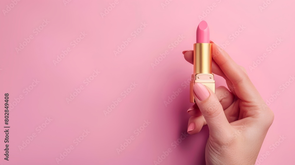 Woman holding bright lipstick on color background Woman holding bright lipstick on color background