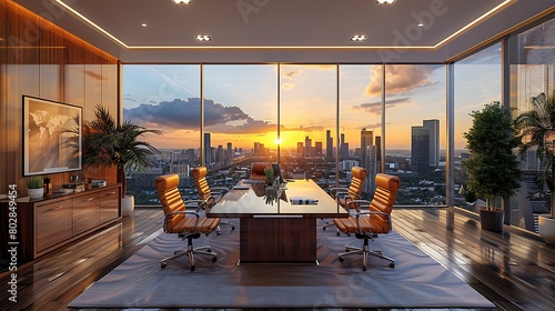 Create a captivating boardroom scene with sleek, modern furniture and panoramic city views, exuding an air of sophistication and success. photo