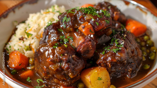 Delicious jamaican oxtail stew served with rice and peas, topped with fresh herbs, showcasing caribbean cooking heritage