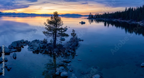 Lone tree on rocks at sunset on a calm Lake Tahoe. In the background os a forest and mountains covered in snow. Zephyr Cove, Nevada, United States of America. photo
