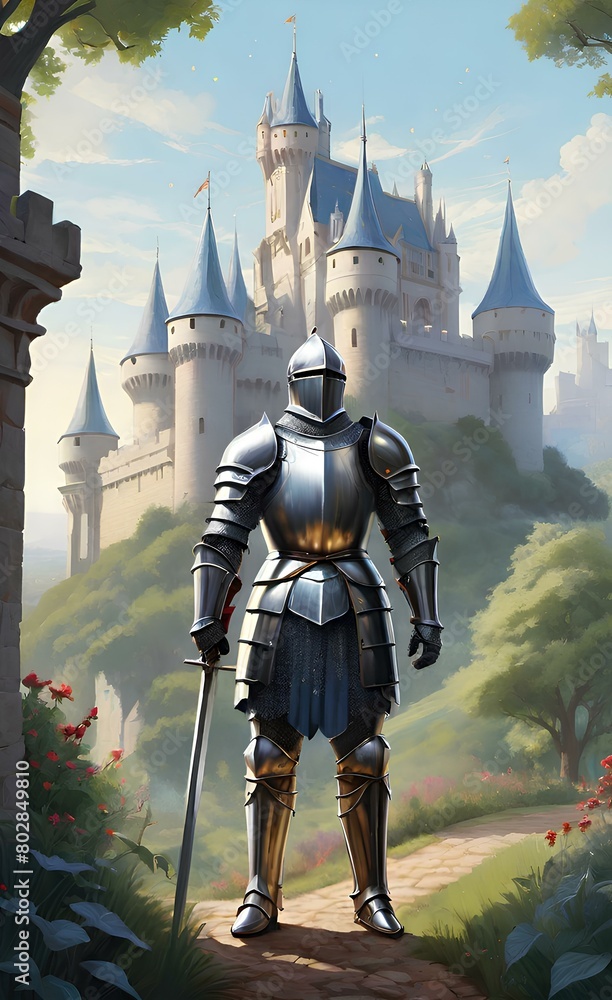 Naklejka premium Medieval knight in shining armor standing in front of a castle in the background.