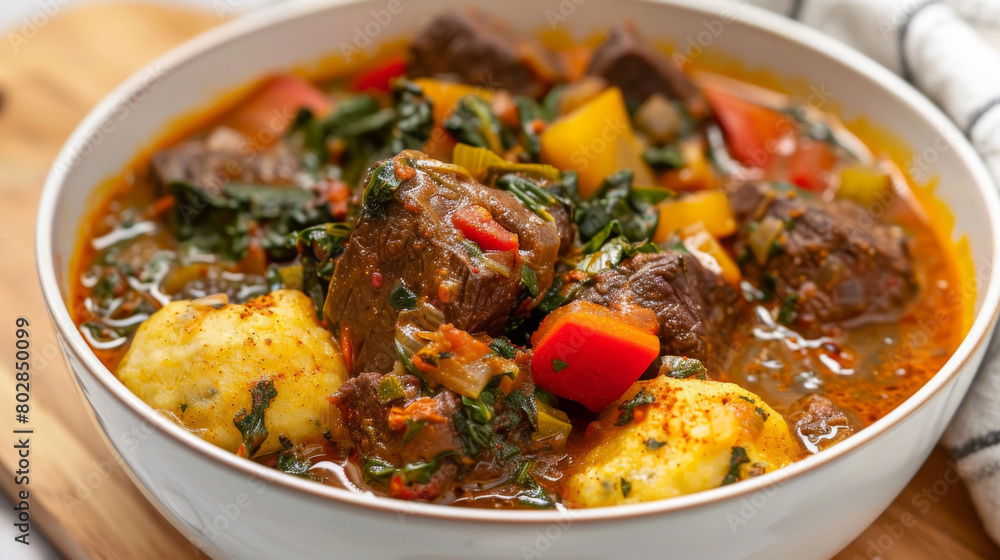 Aromatic jamaican curry goat stew with potatoes, carrots, and spinach served in a white bowl, showcasing caribbean cuisine flavors Aromatic jamaican curry goat stew with potatoes, carrots, and spinach served in a white bowl, showcasing caribbean cuisine flavors