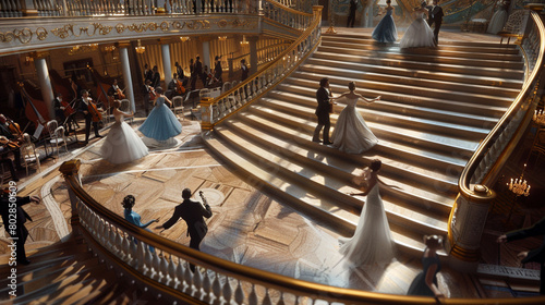 Couples waltz up and down a grand staircase in a ballroom with orchestral music filling the air. photo