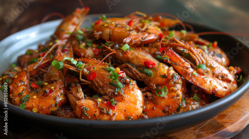 Close-up shot of succulent shrimp with traditional jamaican jerk spices and fresh herb garnish in a black bowl