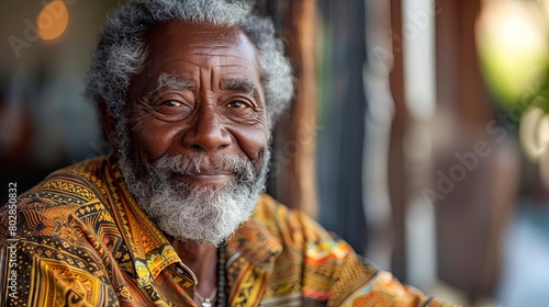 A wise old man with grey hair and beard, wearing a colorful shirt, is smiling. photo