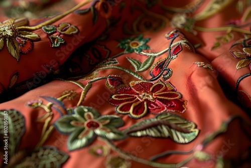 Exquisite Hand Stitched Floral Embroidery on Luxurious Silk Gown Showcasing Meticulous Craftsmanship