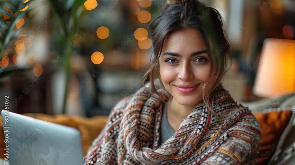 An attractive young woman is sitting on a couch and smiling at the camera. She is wearing a cozy blanket and has her hair in a bun. There are fairy lights in the background. An attractive young woman is sitting on a couch and smiling at the camera. She is wearing a cozy blanket and has her hair in a bun. There are fairy lights in the background.