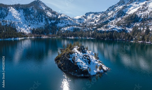 Fototapeta Naklejka Na Ścianę i Meble -  Emerald Bay Vista, snowy mountains, forest and Fannette Island on Lake Tahone., South Lake Tahoe, California, United States of America.
