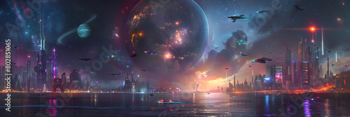 Futuristic Metropolis under Celestial Bodies: A Glimpse of Advanced Civilization