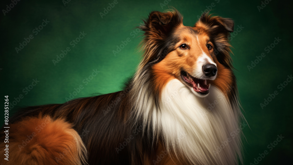 A noble Collie with thick fur sitting in front of a vibrant green background A noble Collie with thick fur sitting in front of a vibrant green background