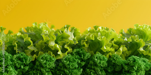 Lettuce and yellow background. Lettuce with beautiful juicy green leaves on a white plate. 
