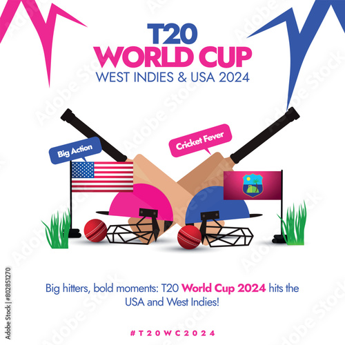 T20 Cricket World Cup 2024. T20 cricket world cup held in America and West indies banner with silhouette 2024 trophy  bats  ball . World cup banner with official colour theme. Conceptual banner.