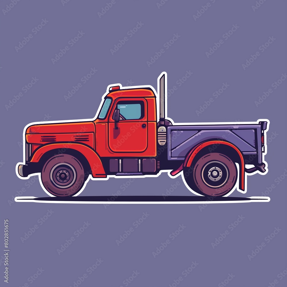 A tow truck illustration presented in sticker style with standard colors, featuring a red outline on a solid purple background.