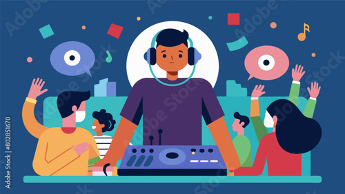 With input from the audience the DJ takes their curated playlist to the next level creating an interactive and personalized music experience. Vector illustration
