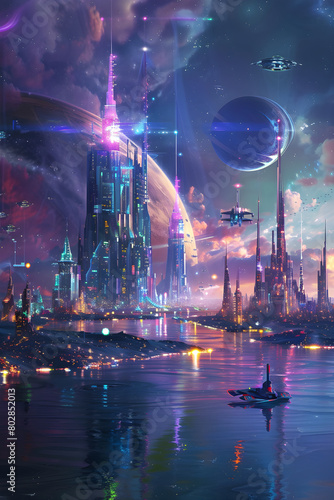 Futuristic Metropolis under Celestial Bodies: A Glimpse of Advanced Civilization © Chester