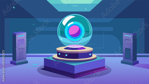 An otherworldly record player with a translucent spherical shape and glowing LED lights displayed on a floating pedestal in the center of the gallery Vector illustration