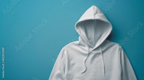 White hoodie with a hood on a plain blue background