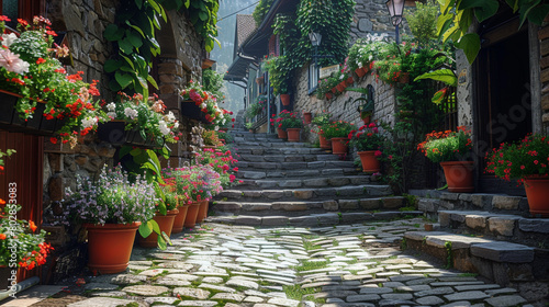 A European village staircase, cobblestoned and charming, with ivy walls and floral adornments. © Muhammad