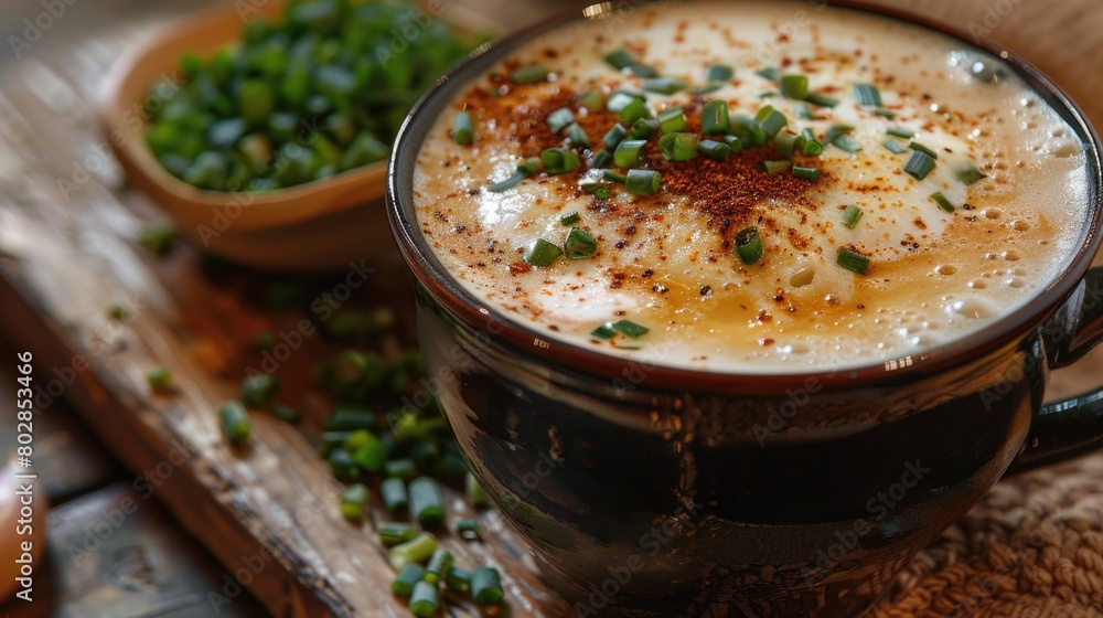 Glass of hot soup with green onions and spices on a wooden tray. Glass of hot soup with green onions and spices on a wooden tray.