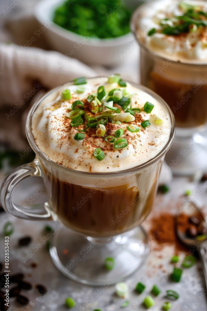 Lucaccino, coffee with finely chopped green onions. Scallion Latte Lucaccino, coffee with finely chopped green onions. Scallion Latte