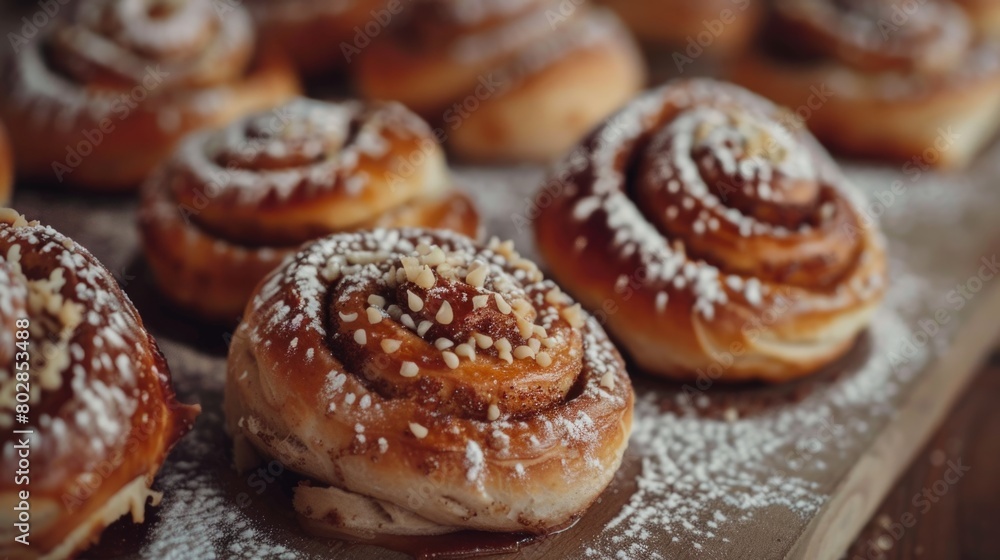 Freshly baked cinnamon rolls with sugar topping on wooden surface. Bakery and dessert concept