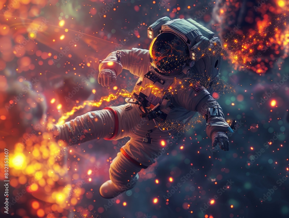 A 3D scene featuring an astronaut interacting with vivid, colorful flames and particles in an abstract cosmic setting.
A 3D scene featuring an astronaut interacting with vivid, colorful flames and particles in an abstract cosmic setting.