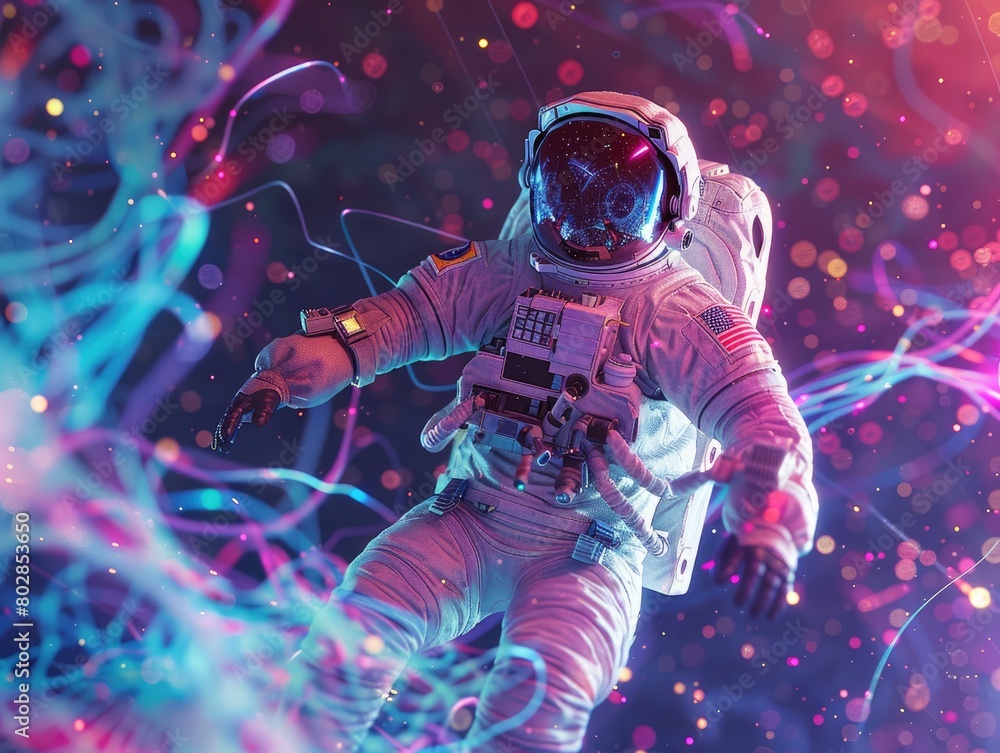A stunning 3D illustration showing an astronaut with glowing lines and particles, exploring a colorful, energetic cosmic environment.
