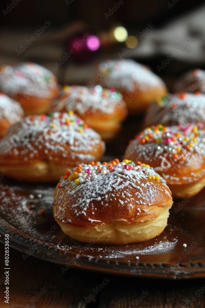 Freshly baked doughnuts with icing sugar and colorful sprinkles on a dark plate.