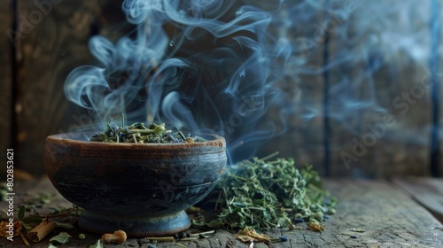Magical smoke and herbal tea ingredients floating in dark mystical atmosphere.
