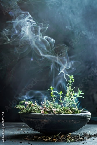 Herbal incense bowl with smoke on a dark background.