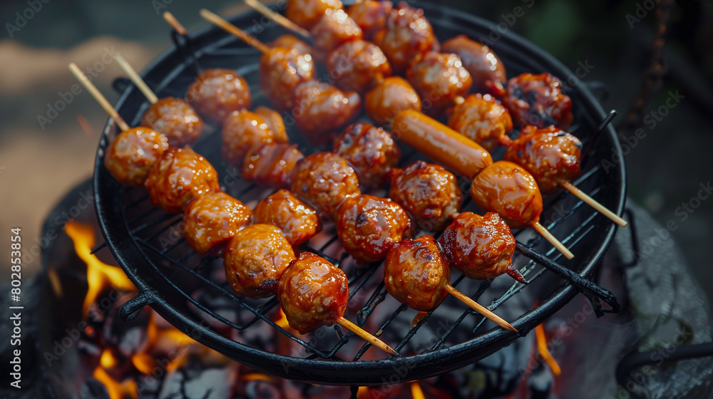 Meatballs, grilled hot dogs on charcoal stove.