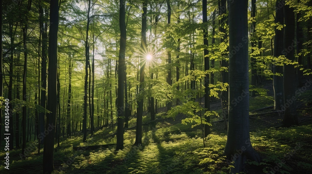 Naklejka premium Serene Forest Sunrise with Lush Green Trees and Sunbeams. World Environment Day