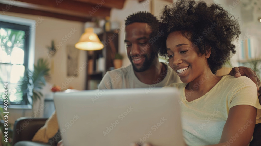 Cheerful Young African Couple Using Laptop at Home Cheerful Young African Couple Using Laptop at Home