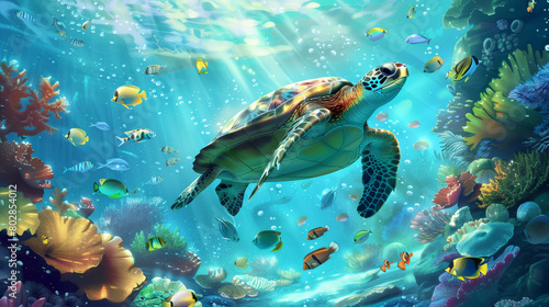 turtle and fish swim underwater. By looking from the side.