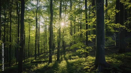 Serene Forest Sunrise with Lush Green Trees and Sunbeams. World Environment Day