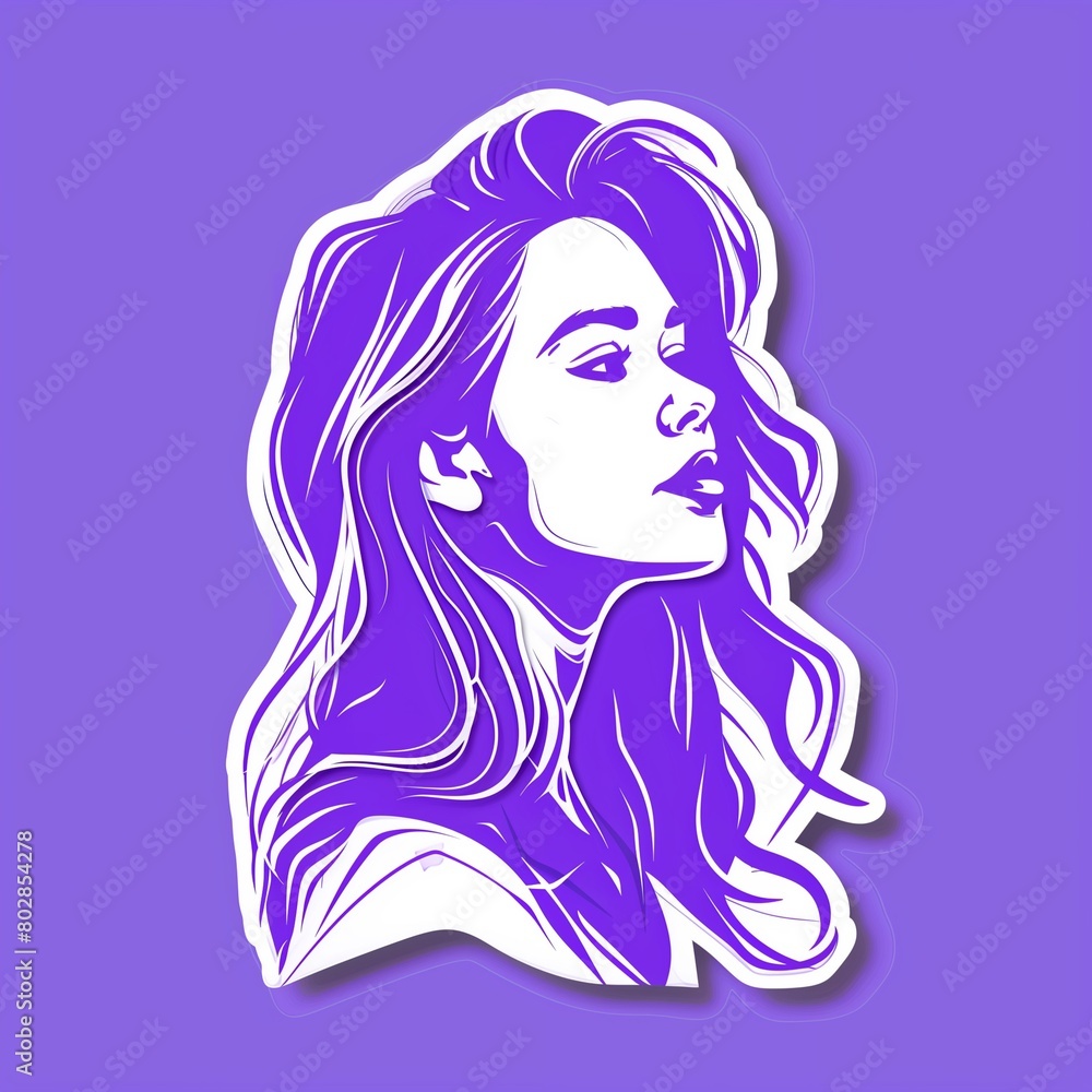 A young female artist illustration style sticker with white outline on a solid purple background A young female artist illustration style sticker with white outline on a solid purple background