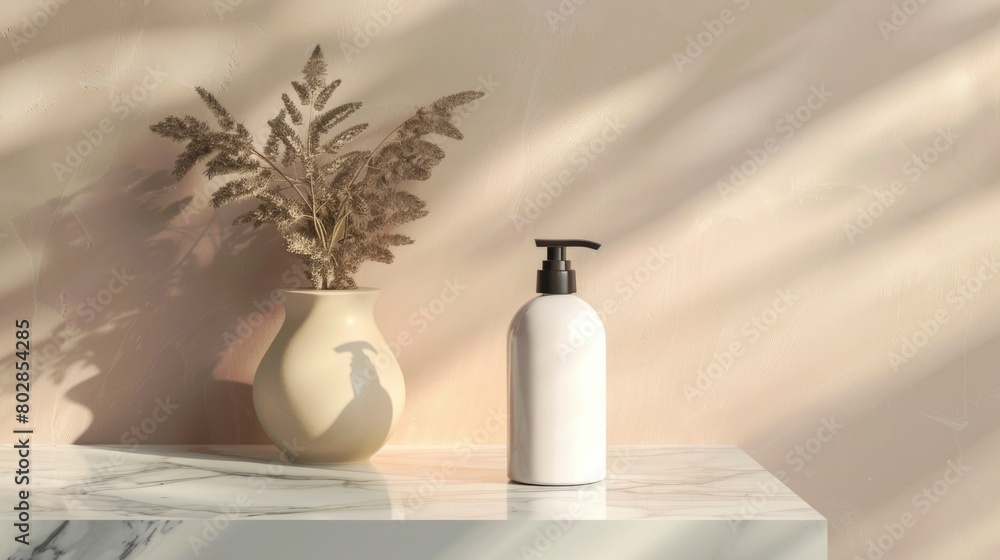 Pink lotion dispenser on marble bathroom countertop with blurred background. Pink lotion dispenser on marble bathroom countertop with blurred background.