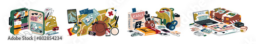 Summer trip compositions set. Gathering hand luggage, suitcases in travel. Tour baggage with map, different things for journey. Tourism concept. Flat isolated vector illustrations on white background