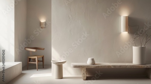  Minimalist interior design with modern furniture and wall sconces.