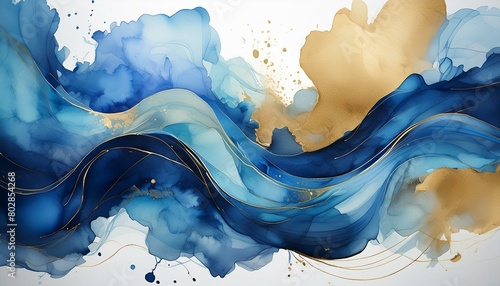 gathering of electric blue and brass abstract watercolor swashes isolated on a transparent background photo