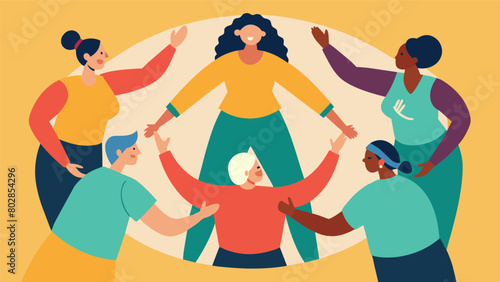 A circle of people holding hands and singing together as they take a break from their quilt making workshop. Vector illustration