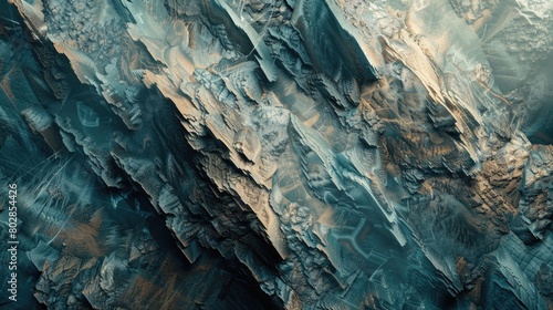 Aerial view of rugged cliffs with blue and brown tones. Nature-inspired textured background