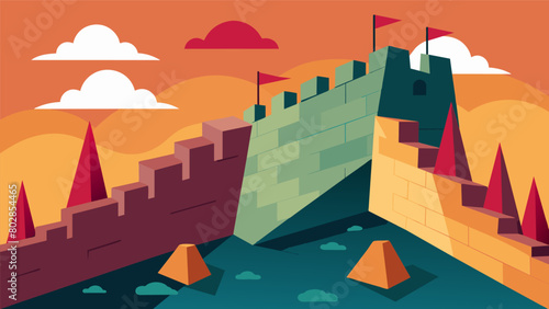 The Great Wall of Anxiety a towering barrier made from stones of tense apprehension and isolating a society from the outside world..