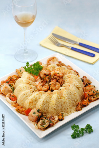 Crown shaped couscous with seafood.