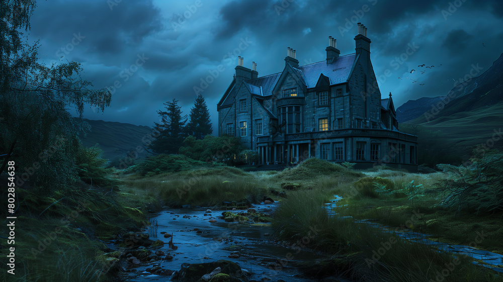 dark Victorian mansion on the Scottish highlands, a small stream runs through it. Night time, gloomy sky, blue and green colors, photo realistic, hyper detailed, haunted house