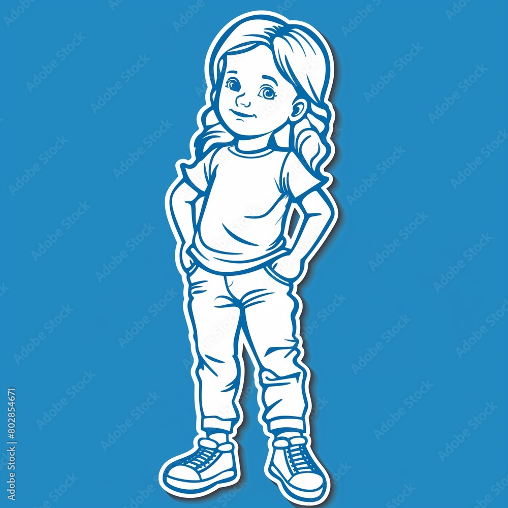 Fototapeta premium A young girl illustration style sticker with white outline on solid blue background without any shadow or gradient.
